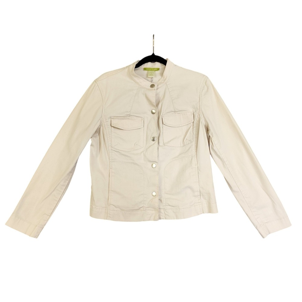 Sigrid Olsen Womens Utility Jacket Size 12 Beige Snap Front Cotton Stretch Blend